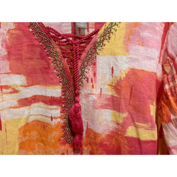 Chico’s Crossroads Lace Up Tunic 3 L-XL  Colorblocked Salsa Beaded Neckline Boho - Picture 3 of 10